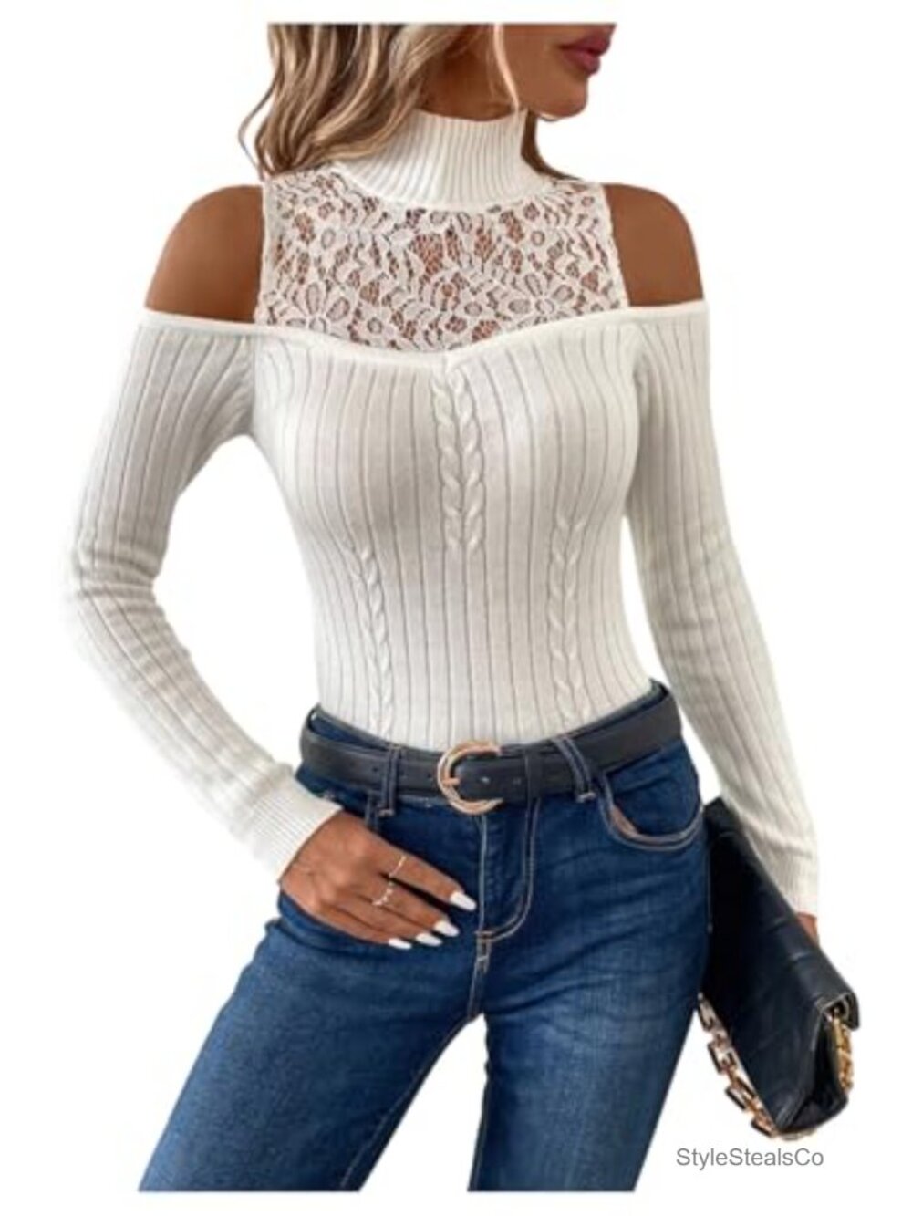 Cold Shoulder Turtle Neck Rib Knit Lace Pullover Sweater Top